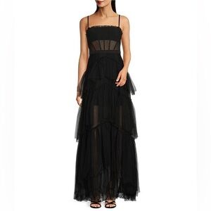 Betsy and Adam Black Maxi Tulle Tiered Dress
